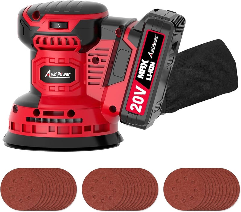AVID POWER 20V Cordless Orbital Sander 5 Inch Electric Sander Tool with 6 Variable Speeds 7000-11000 RPM Battery Powered Sanders for Woodworking, 30 Pcs Sandpapers and Dust Collection Bag - Image 1